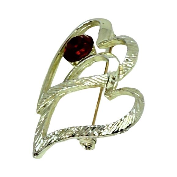 Vintage Red Crystal Double Heart Brooch 2" Valentine Love Silver Tone - Picture 12 of 15